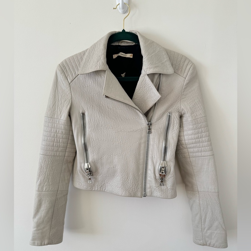 J Brand cream leather moto jacket with silver hardware/ zippers.